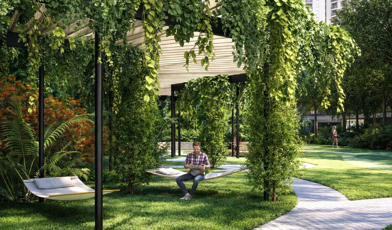 Landscaped garden with hammocks